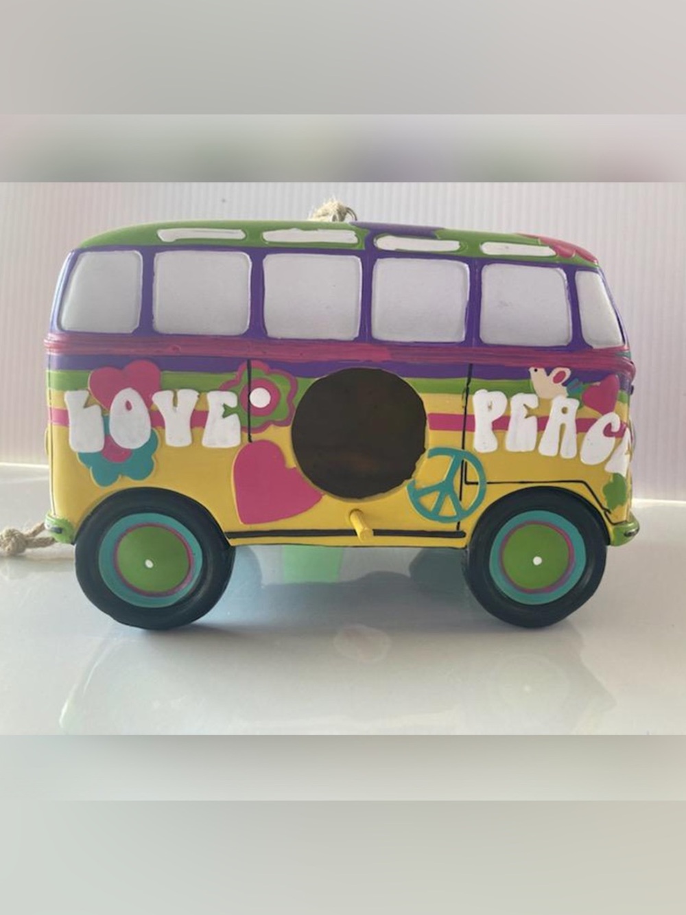 Hand-Painted Yellow & Green Peace Bus Bird Feeder